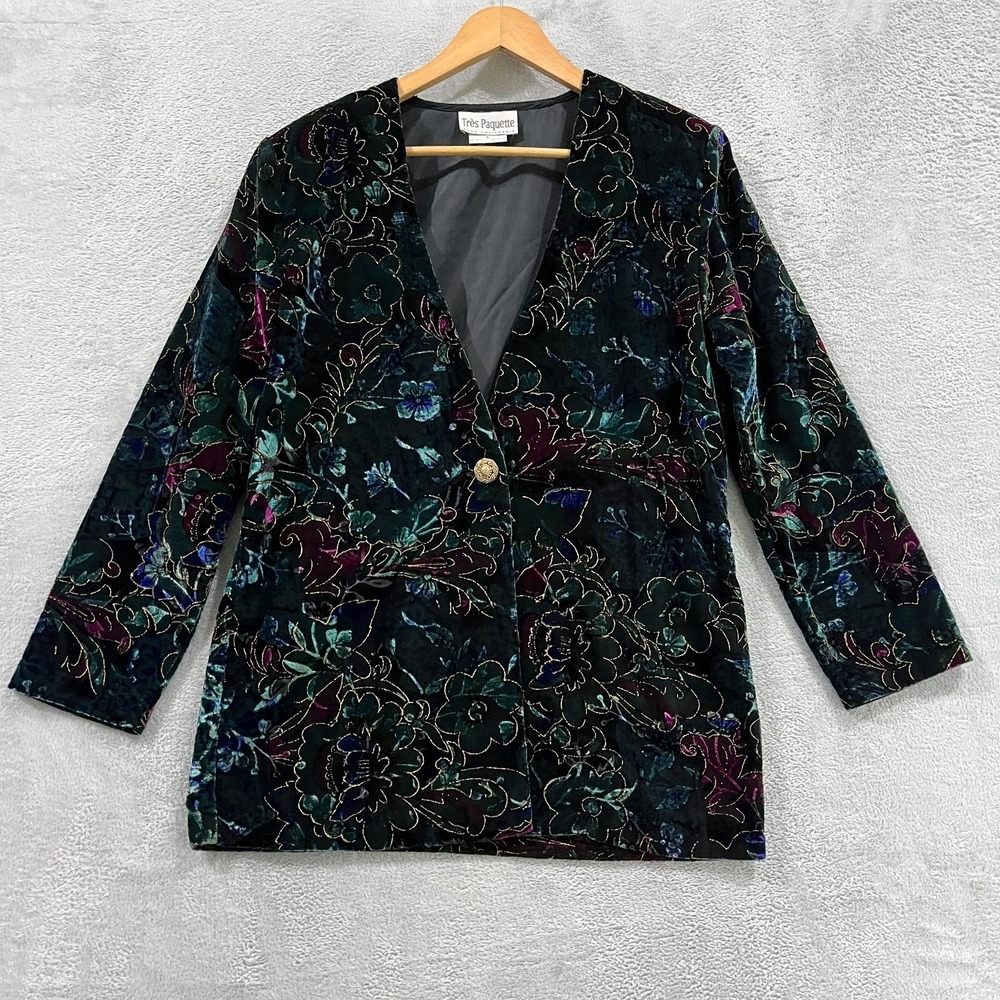 Vintage Très Paquette Velvet Blazer Women's Small Floral Gold Button 90s‎